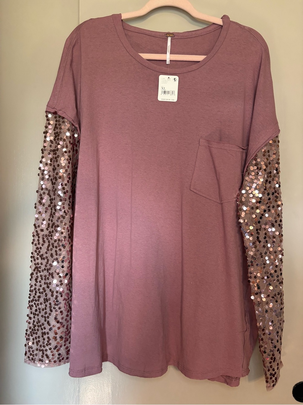 Free People Dusty Rose Long Sleeve Tee with Sequin Sleeves size XL